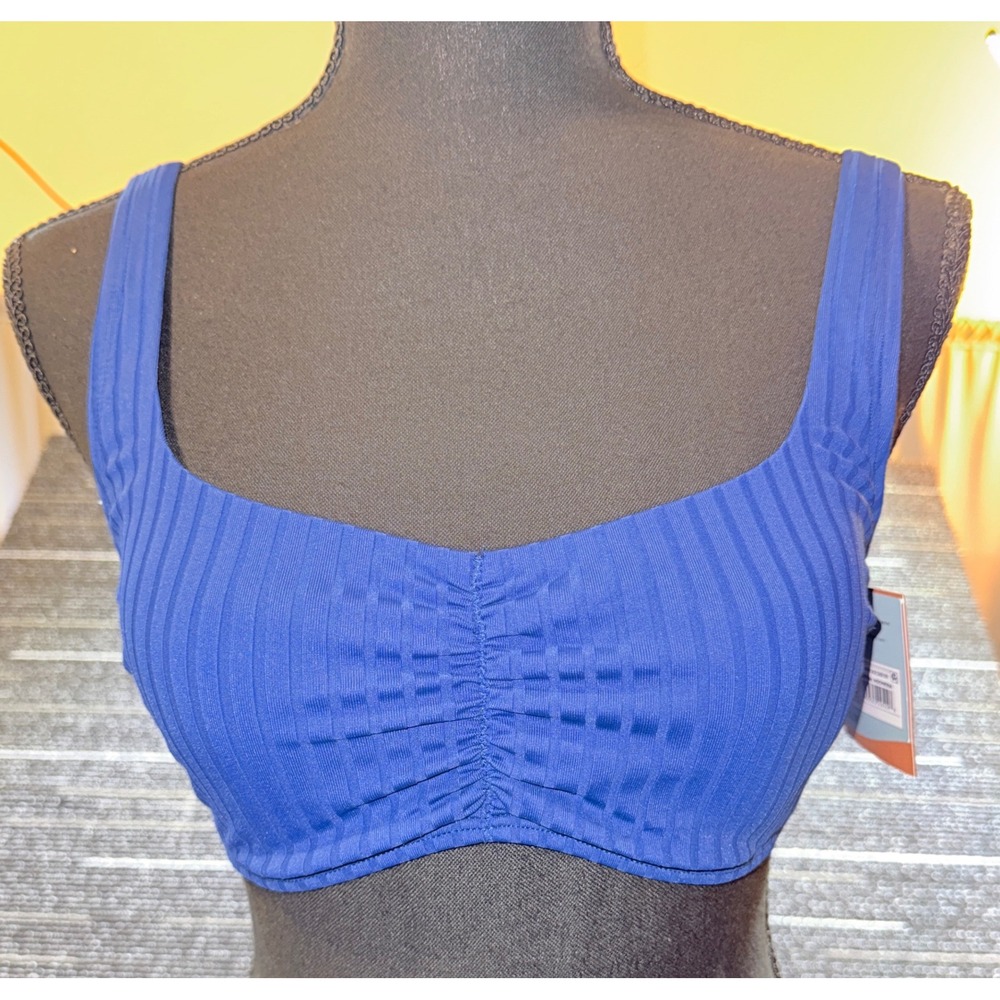 Shade & Shore Bikini Top‎ Women M Blue NEW Ribbed Tie Back Removable Pads